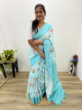Modal Chanderi Golden Zari Floral Printed Sky Blue Saree